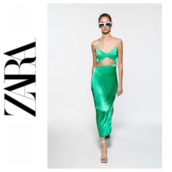 NWOT Zara Blogger’s Favorite Green Asymmetric Cut Out Satin Effect Midi Dress - Picture 1 of 16